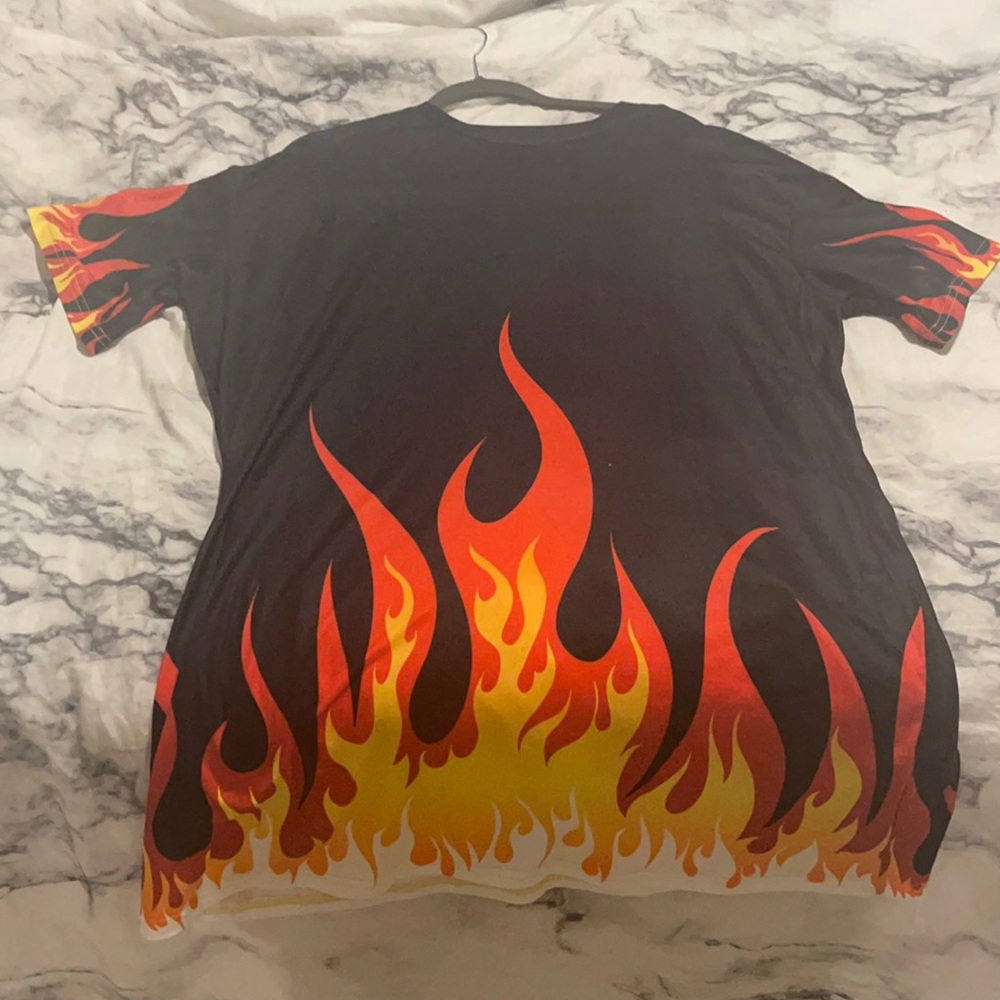 Shein OVERSIZED black shirt with fire print on bottom and sleeves